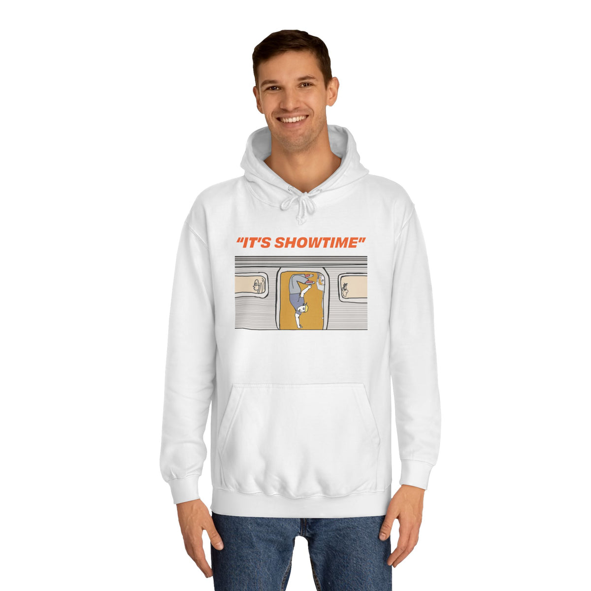 Male model wearing the white It’s Showtime graphic pullover hoodie