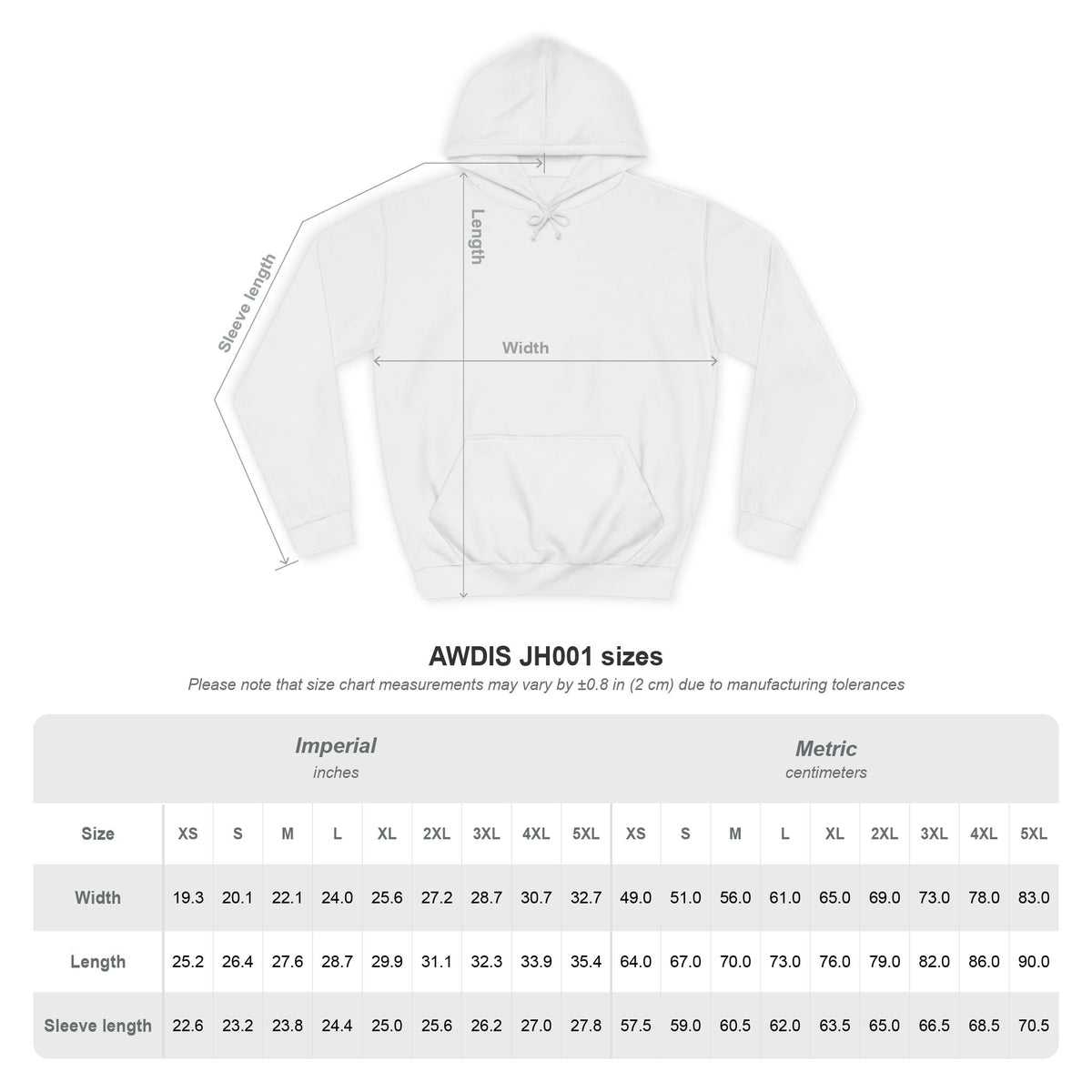 Size chart for the white It’s Showtime unisex graphic hoodie
