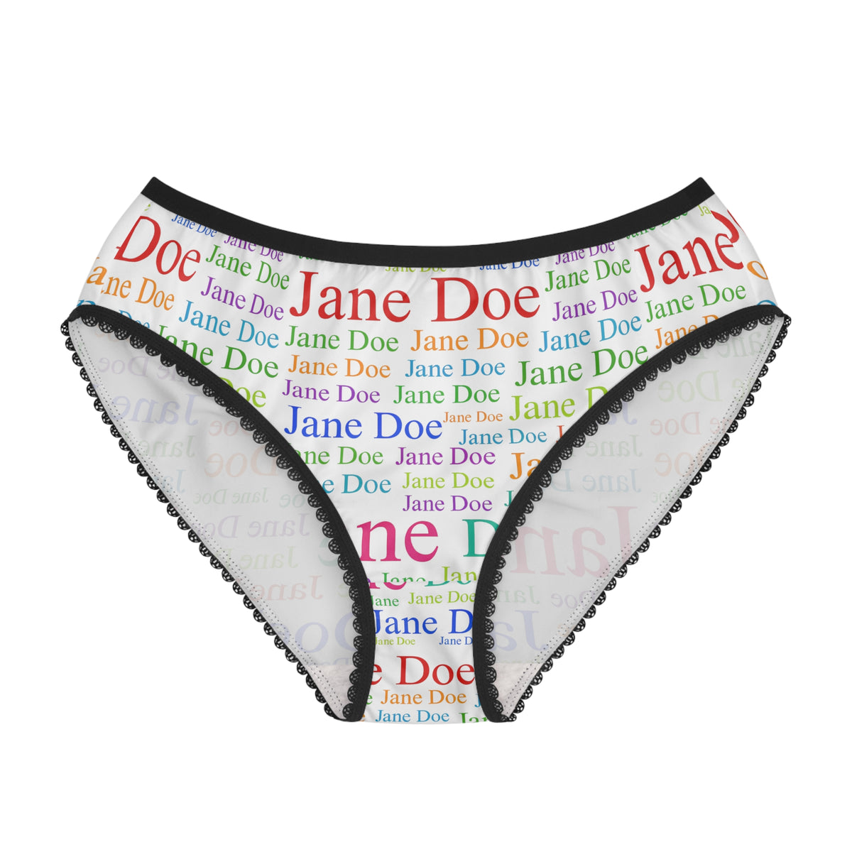 Front view of white Jane Doe women’s briefs with multicolor repeating text print and black trim