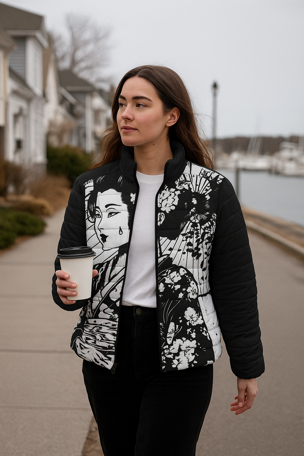 Woman wearing a black and white Japanese art quilted jacket outdoors in a casual streetwear look.