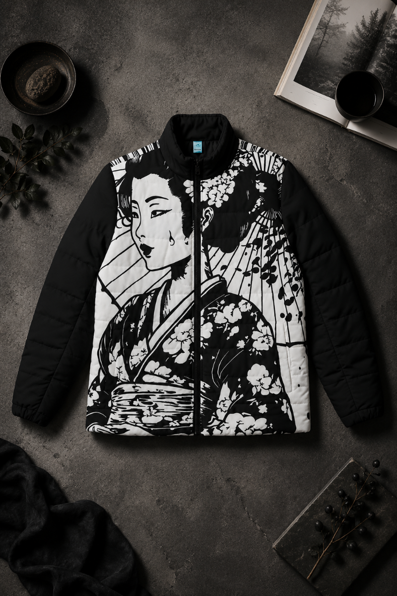 Black and white Japanese geisha graphic jacket styled in a cinematic dark flat lay.