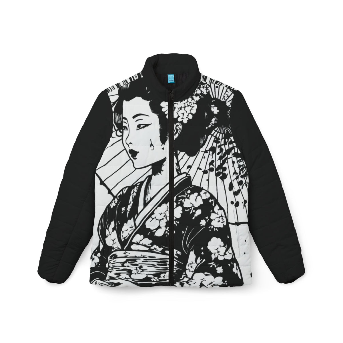 Front view of black and white Japanese geisha graphic jacket with floral kimono artwork.