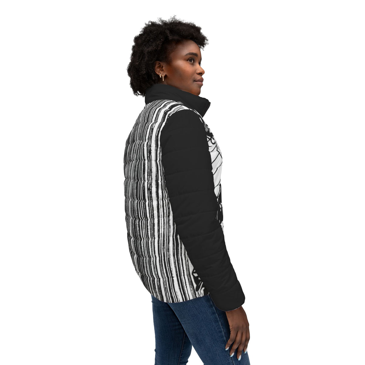 Side and back view of woman wearing a black and white Japanese geisha graphic jacket with contrasting sleeves.