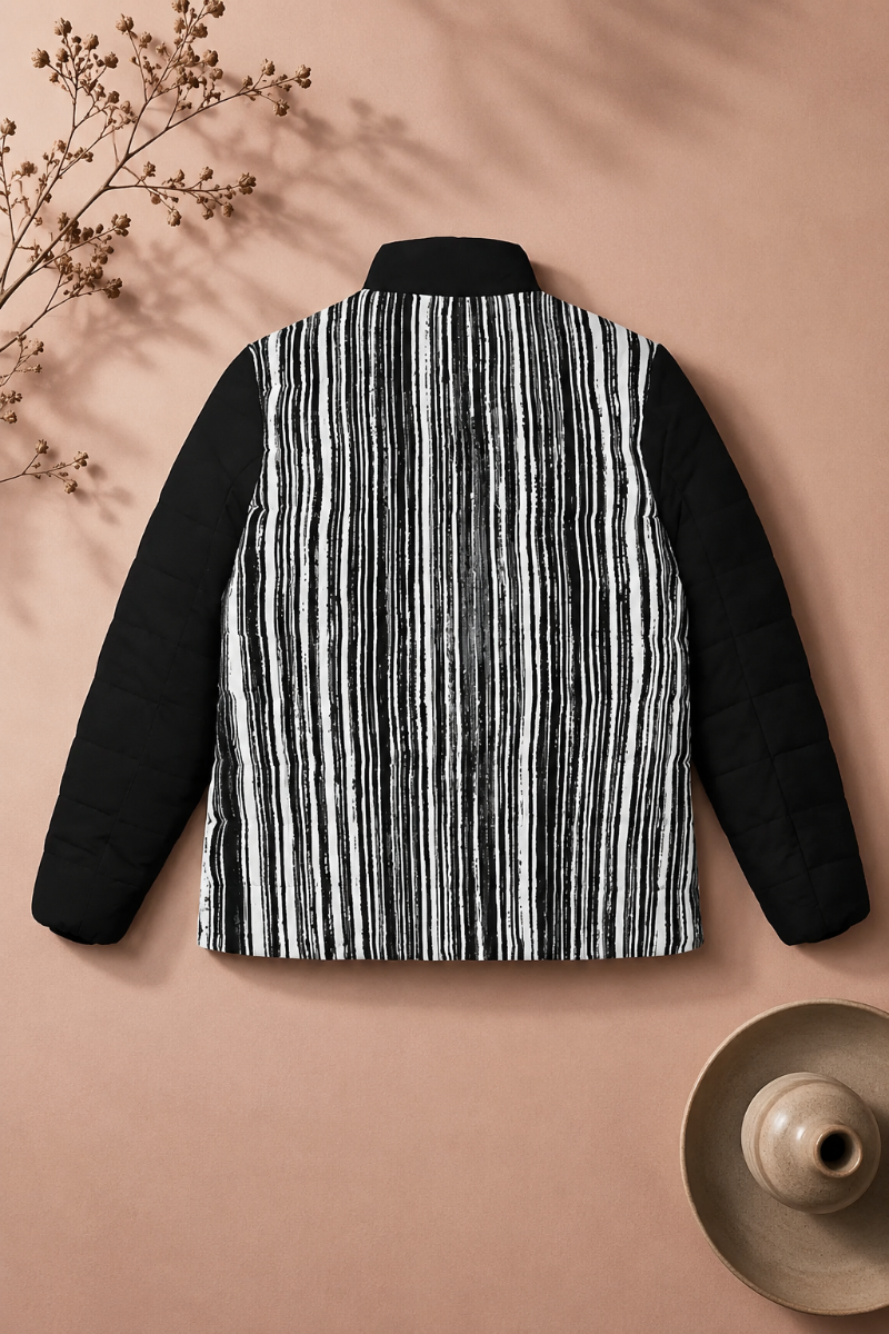 Back view of Japanese geisha graphic jacket with black and white vertical stripe print on a soft peach background.