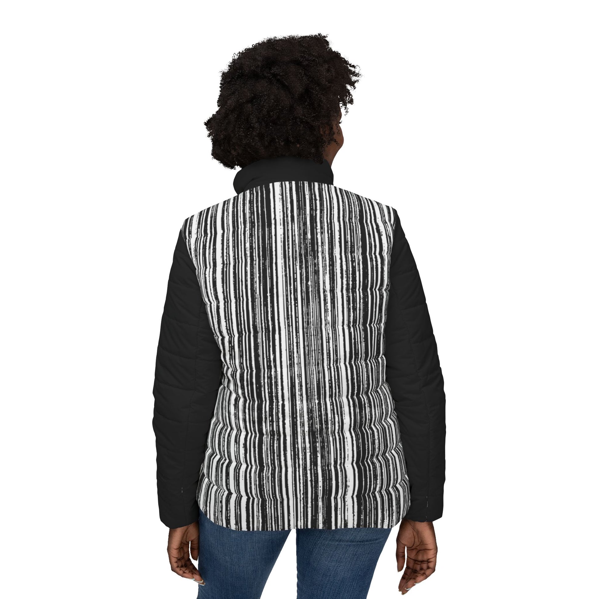 Woman modeling a black and white Japanese geisha graphic jacket from the front.