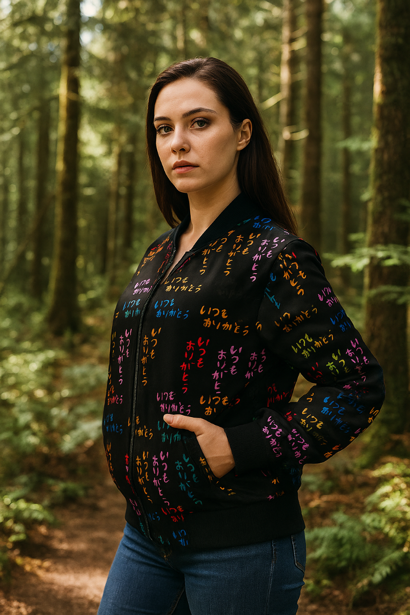 Woman wearing Japanese Street Art Unisex Bomber Jacket outdoors in a wooded setting.