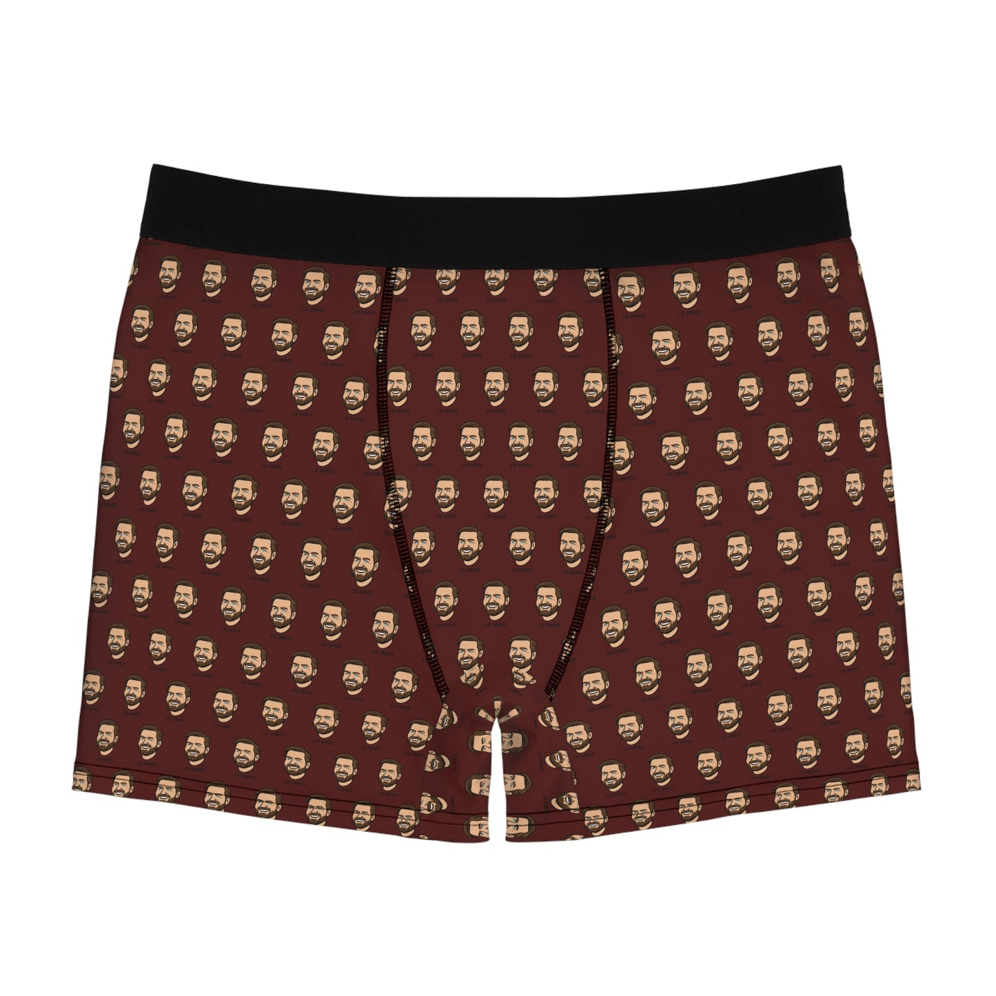 Brown JD Vance boxer briefs for men featuring a repeating cartoon face pattern on the front view