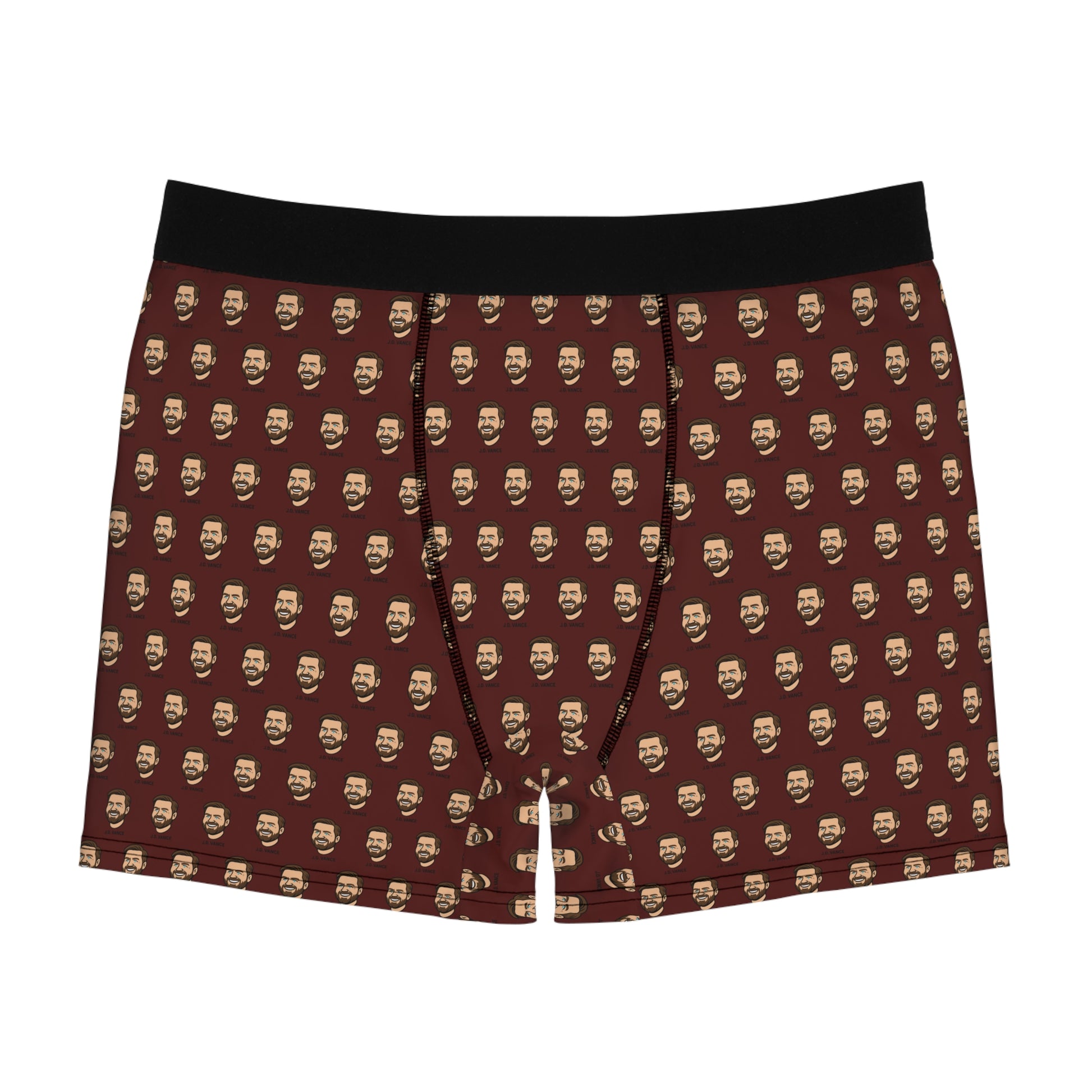 Brown JD Vance boxer briefs for men featuring a repeating cartoon face pattern on the front view