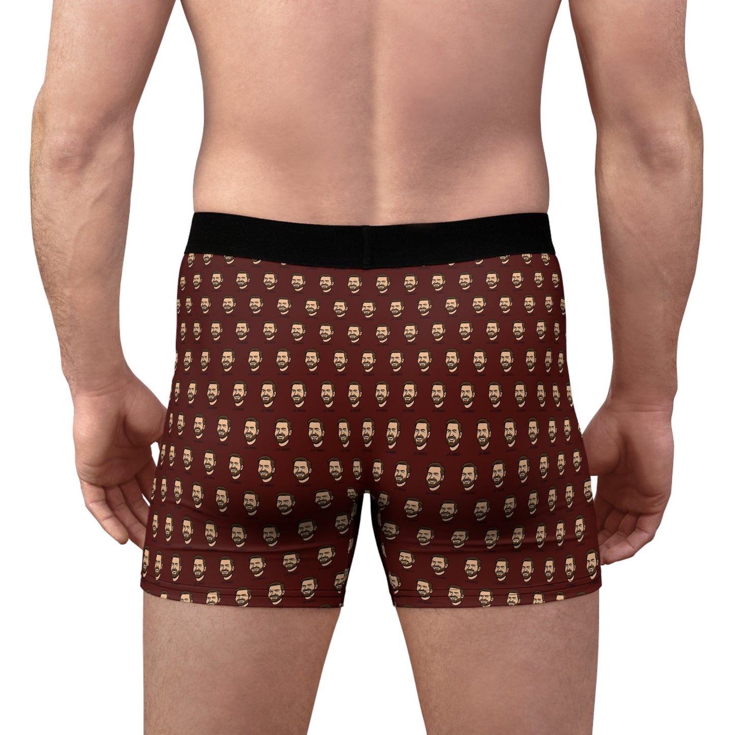 Back view of male model wearing brown JD Vance boxer briefs with repeating cartoon face pattern