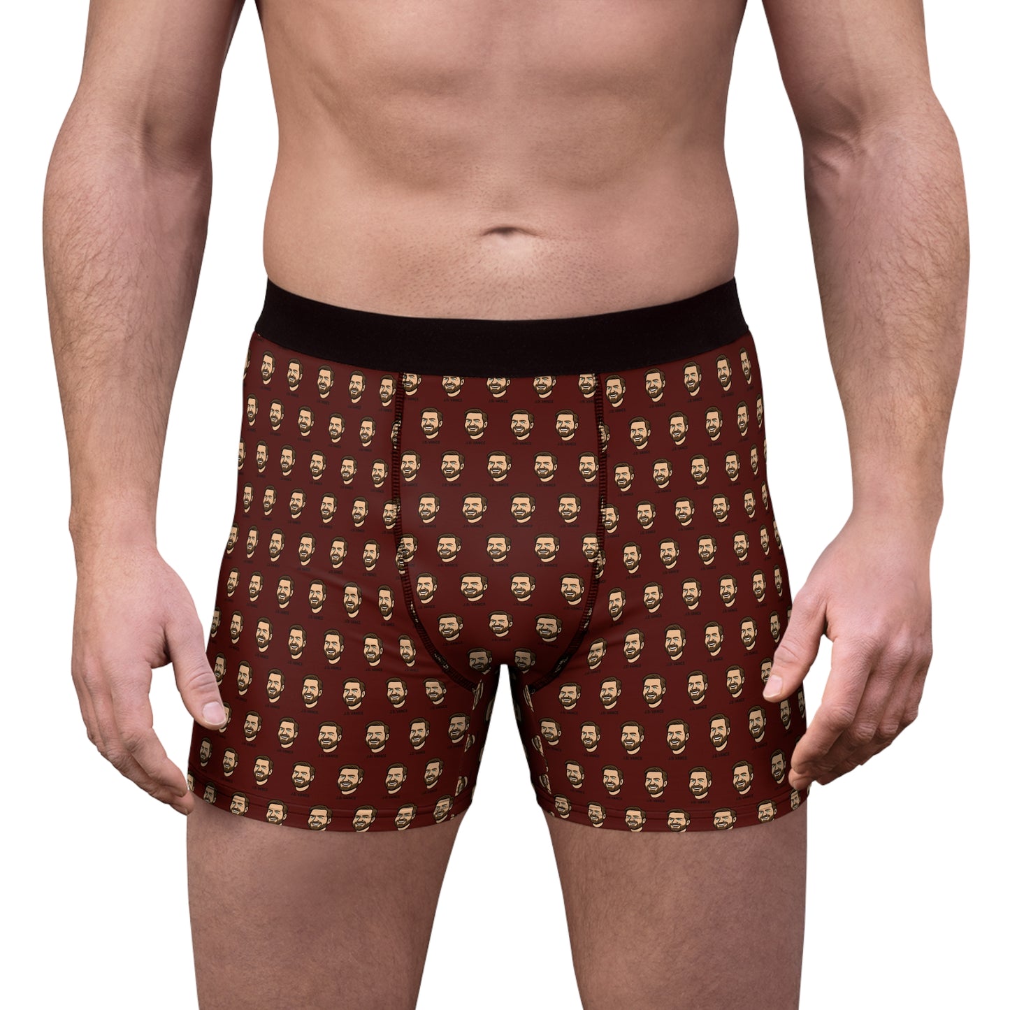 Male model wearing brown JD Vance boxer briefs with all-over cartoon face print front view
