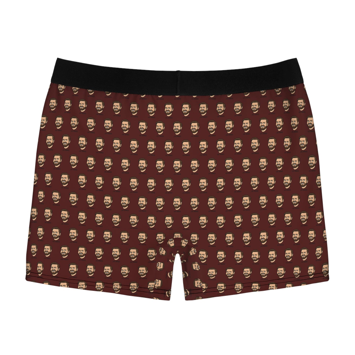 Flat lay of brown JD Vance boxer briefs with repeating cartoonized face design and elastic waistband, back view