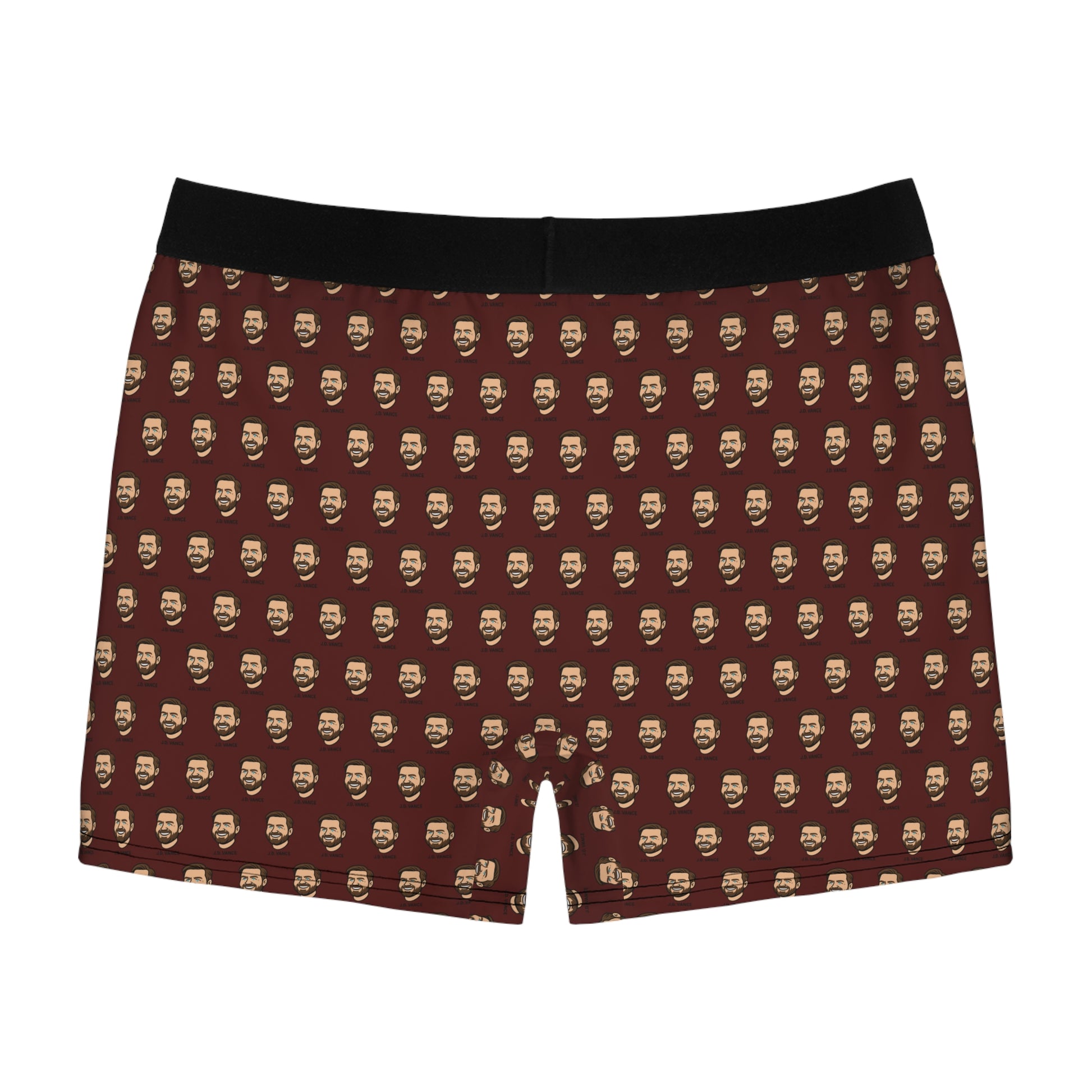 Flat lay of brown JD Vance boxer briefs with repeating cartoonized face design and elastic waistband, back view