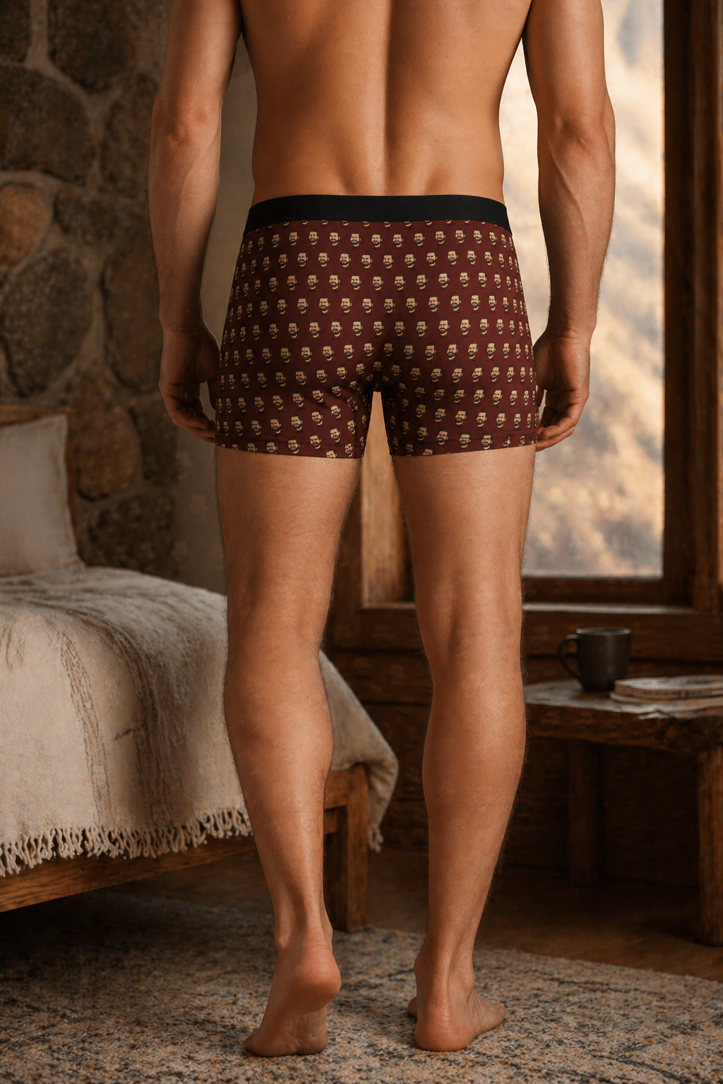 Man wearing brown patterned boxer briefs with repeating face print, back view in warm indoor setting, lifestyle underwear shot