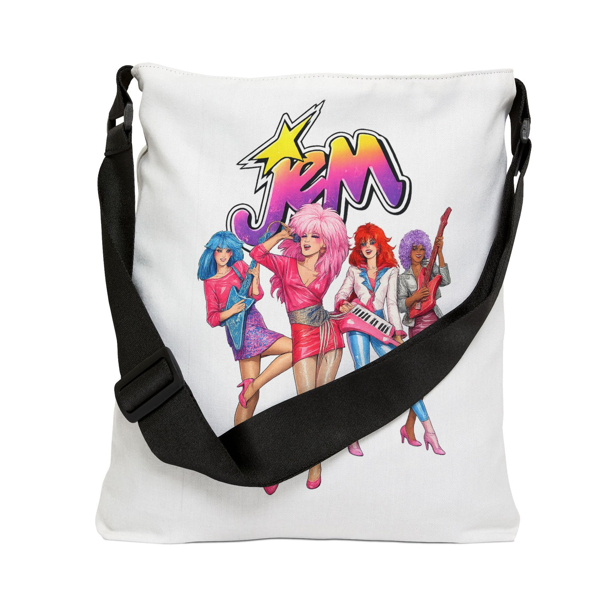 Jem and the Holograms graphic tote bag worn crossbody with an adjustable black strap