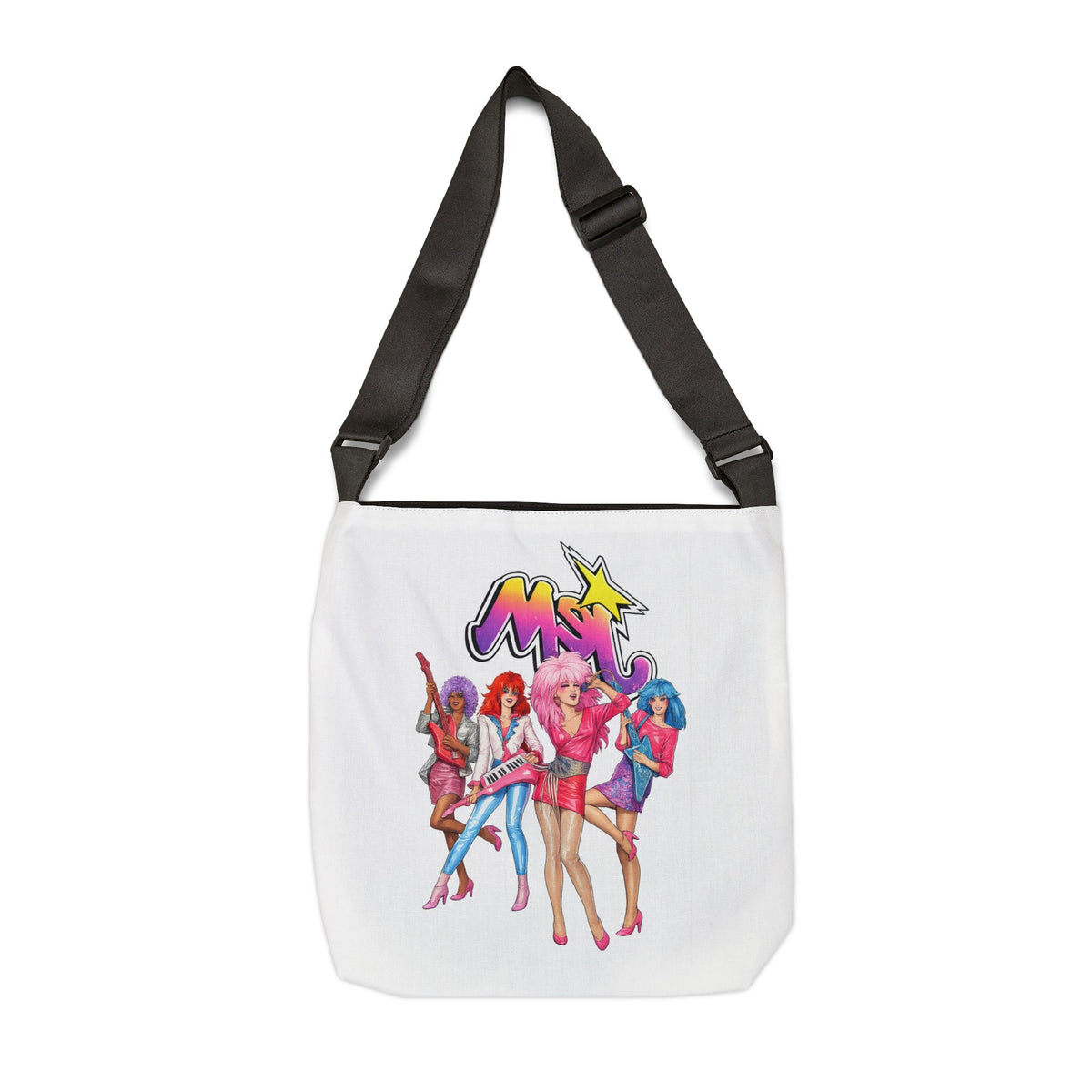 Angled view of the Jem and the Holograms retro cartoon tote bag with black strap