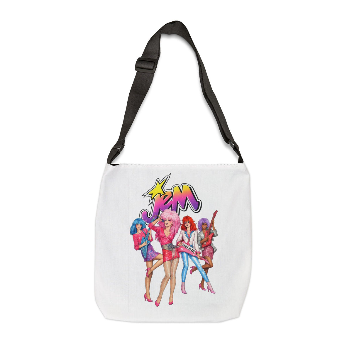 Front view of the 16 inch Jem and the Holograms graphic tote bag