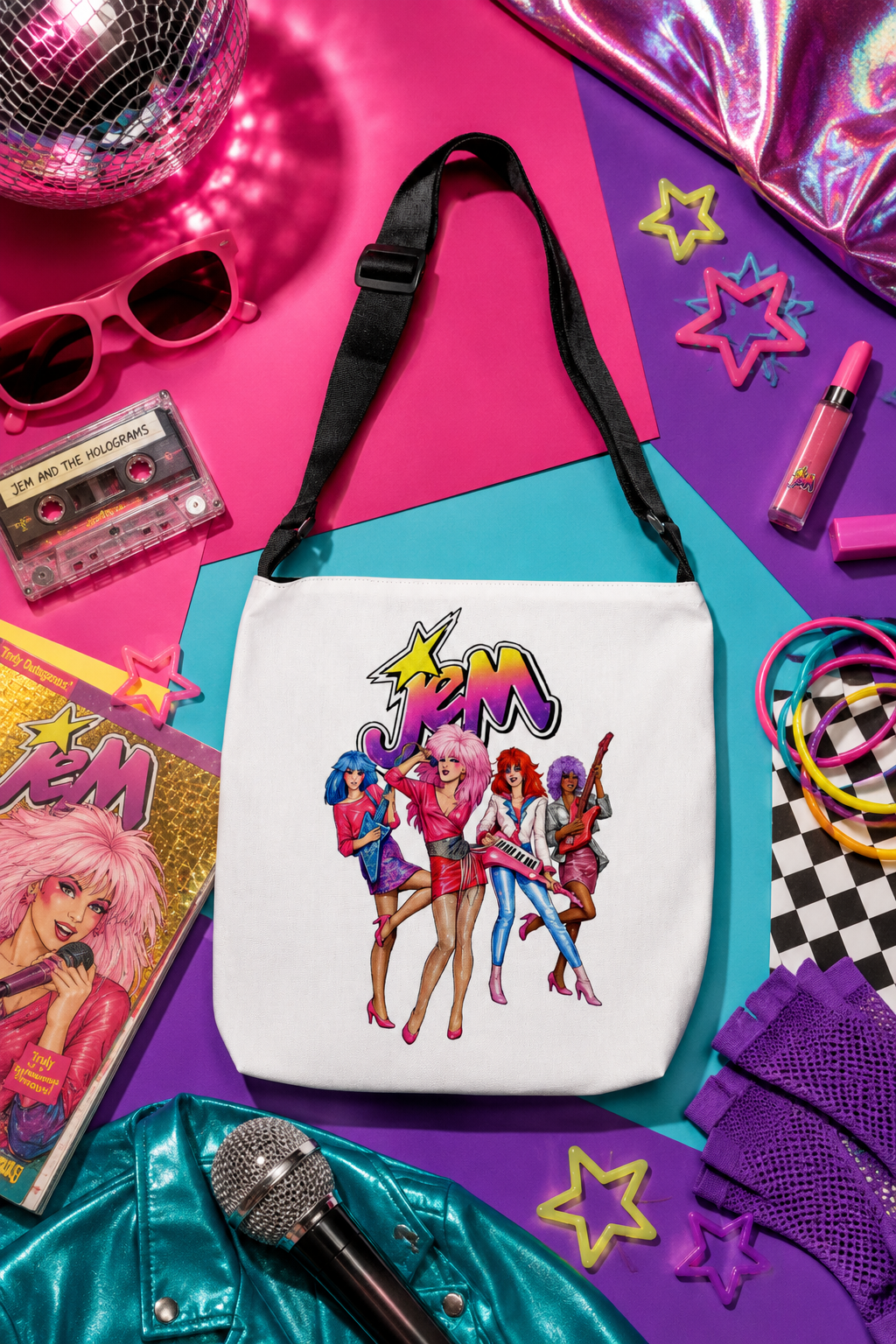 Jem and the Holograms tote bag in a vibrant 1980s pop-inspired flat lay