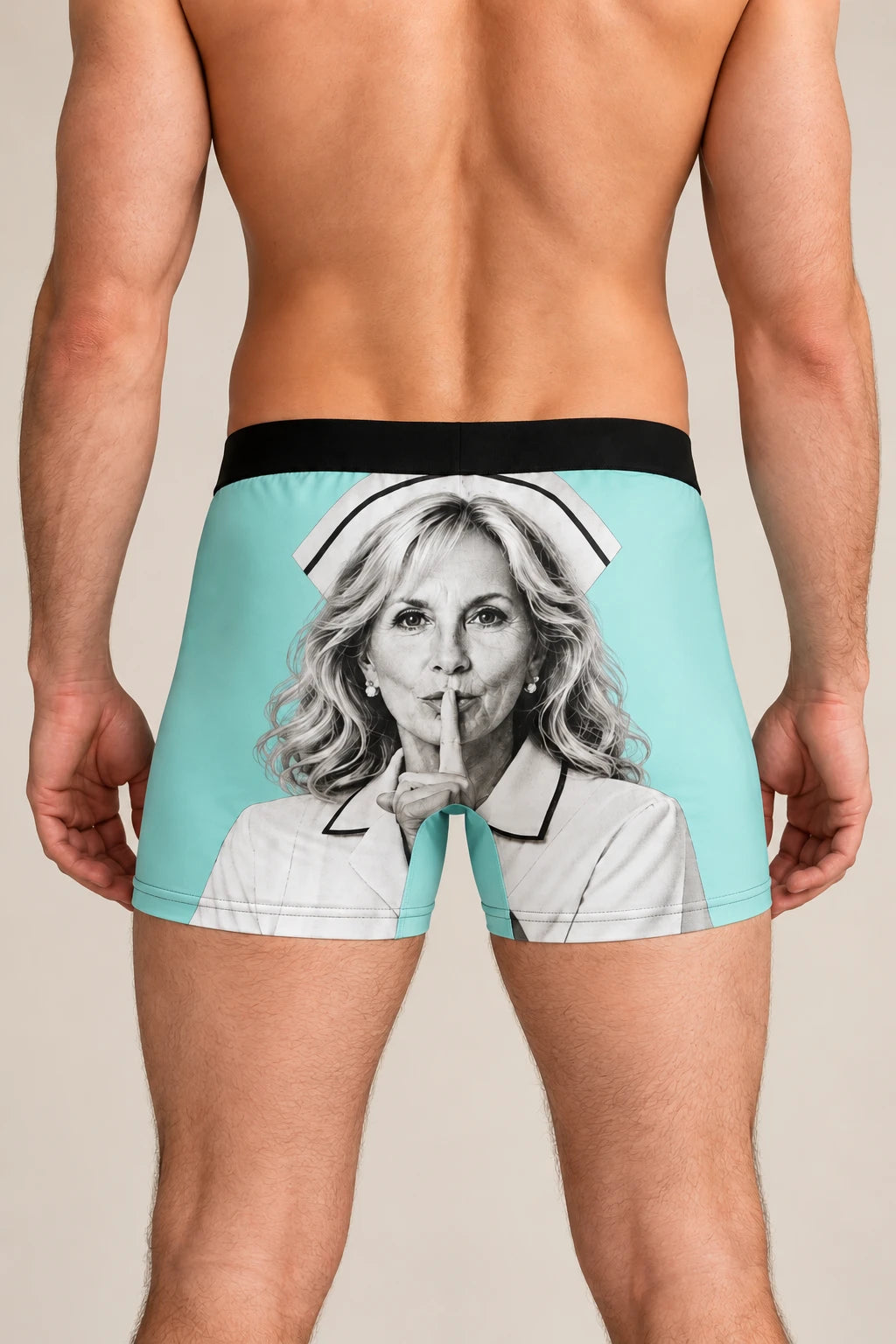 Back view of man wearing Jill Biden political satire boxer briefs with oversized black and white shh portrait