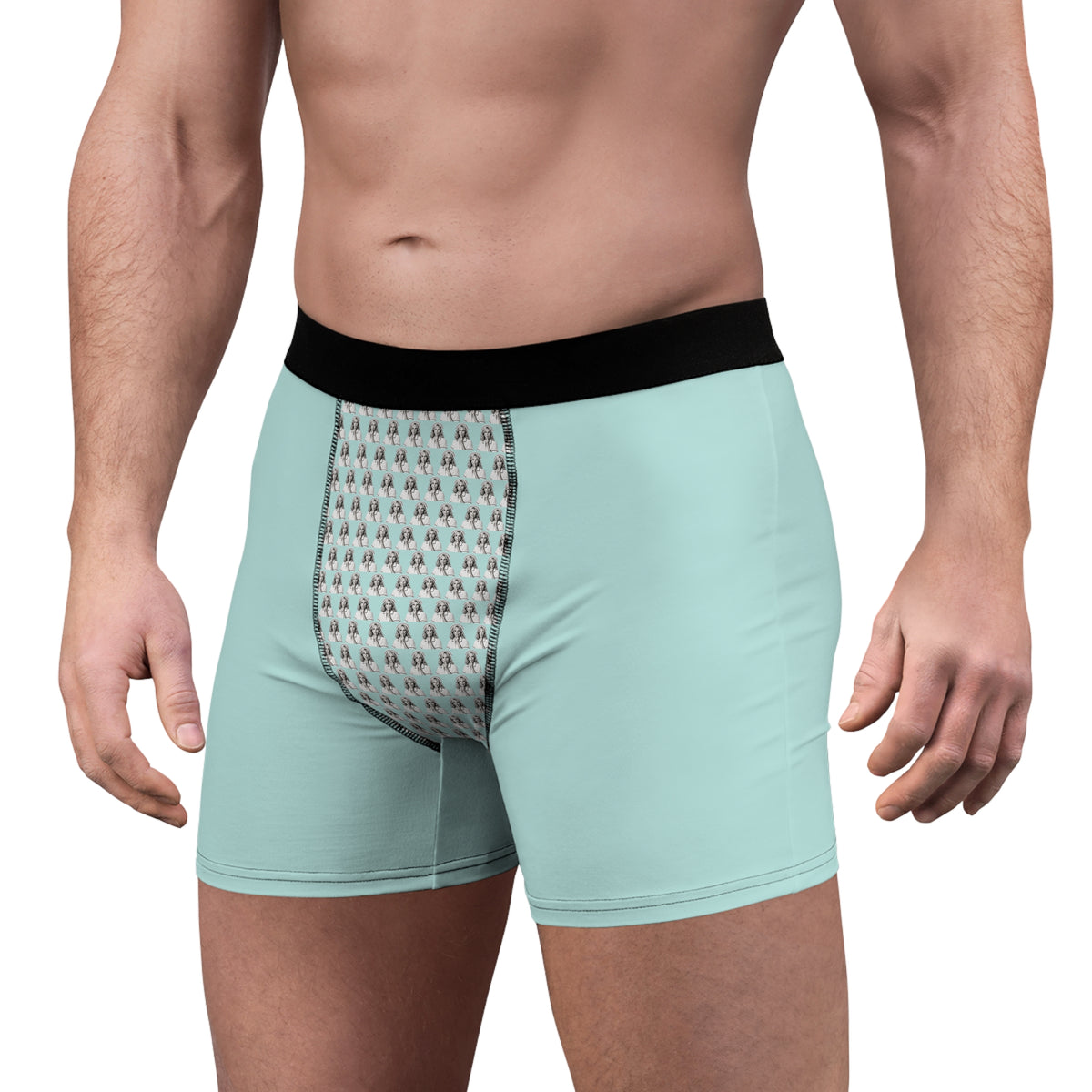 Front view of man wearing pale aqua Jill Biden boxer briefs with patterned center pouch