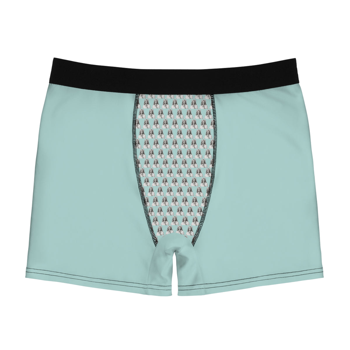 Front view of Jill Biden boxer briefs with pale aqua fabric, black waistband and repeating portrait pouch