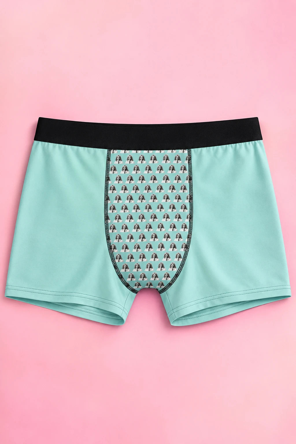 Jill Biden boxer briefs front flat lay with repeating portrait pouch on pastel pink background