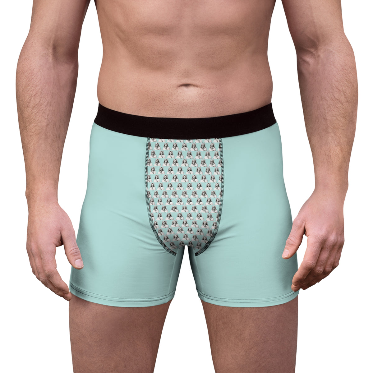 Man wearing Jill Biden men’s boxer briefs showing repeating portrait pattern on front pouch