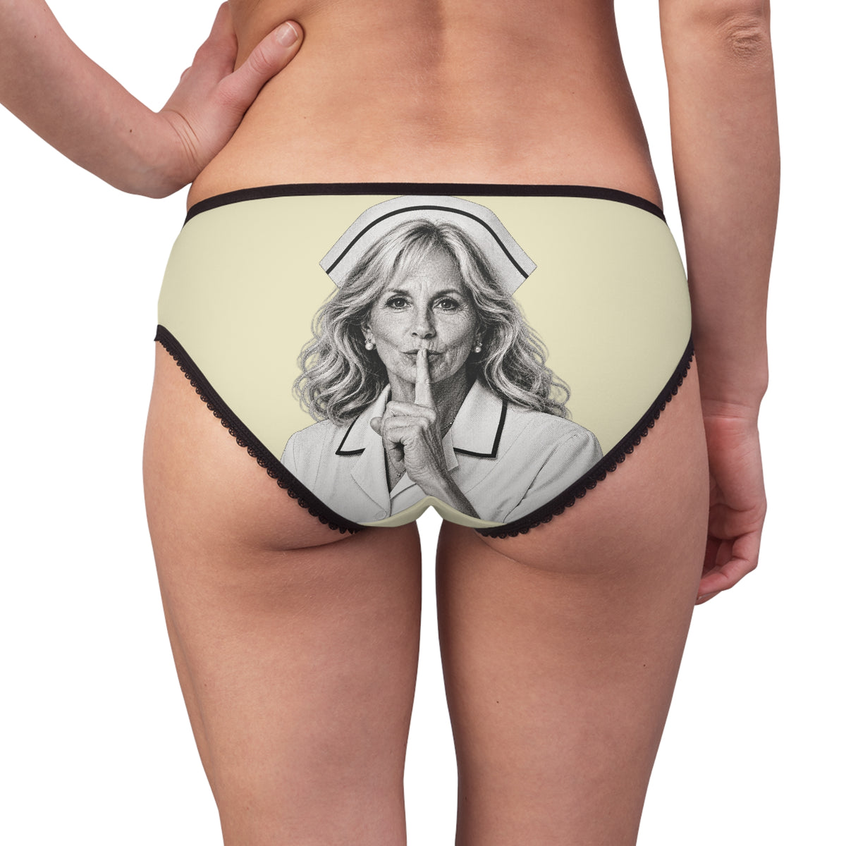Woman wearing Jill Biden Keep Quiet political satire panty showing black and white portrait print on the back