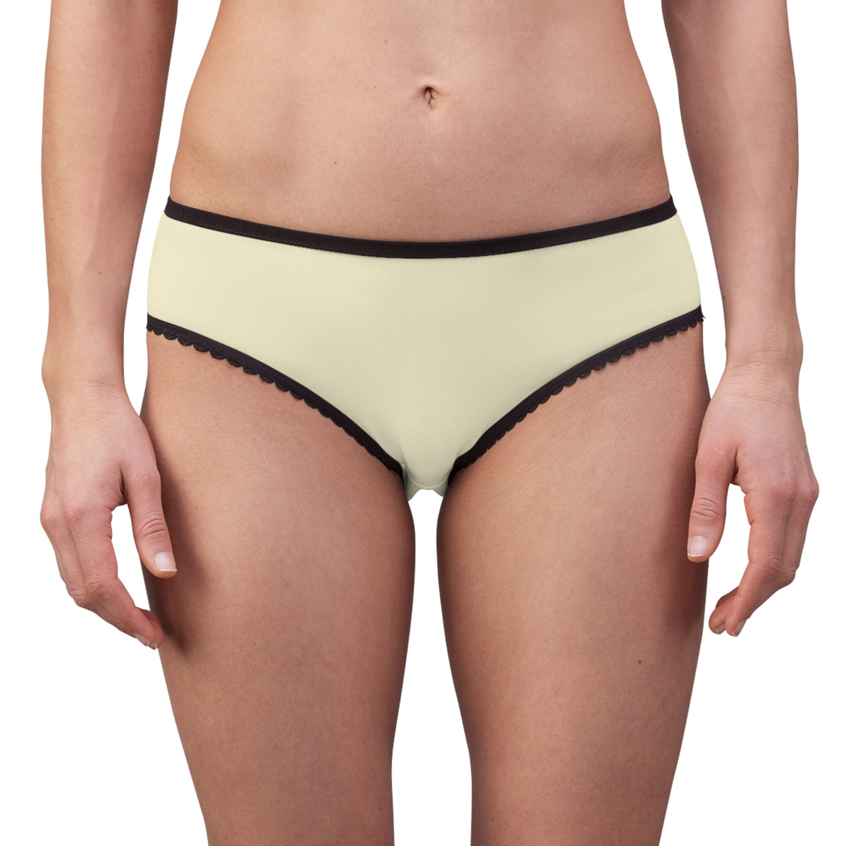 Front on-body view of pale yellow Jill Biden Keep Quiet women’s panty with black trim