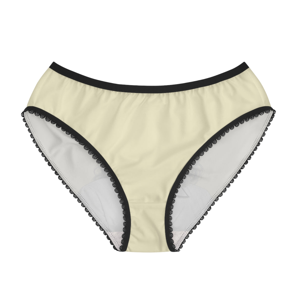 Plain front view of Jill Biden Keep Quiet panty in pale yellow with black waistband and lace trim