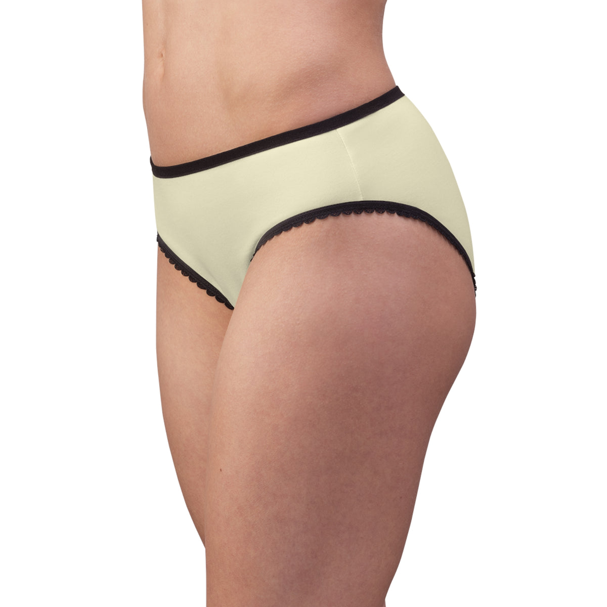 Side view of Jill Biden Keep Quiet women’s panty showing pale yellow fabric and black lace trim