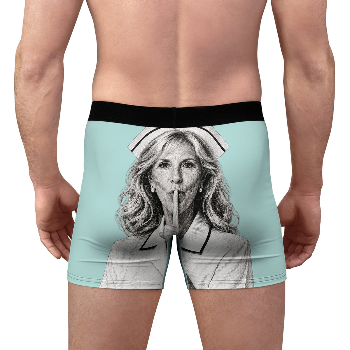 Rear on-body view of Jill Biden political satire boxers with large Keep Quiet portrait artwork