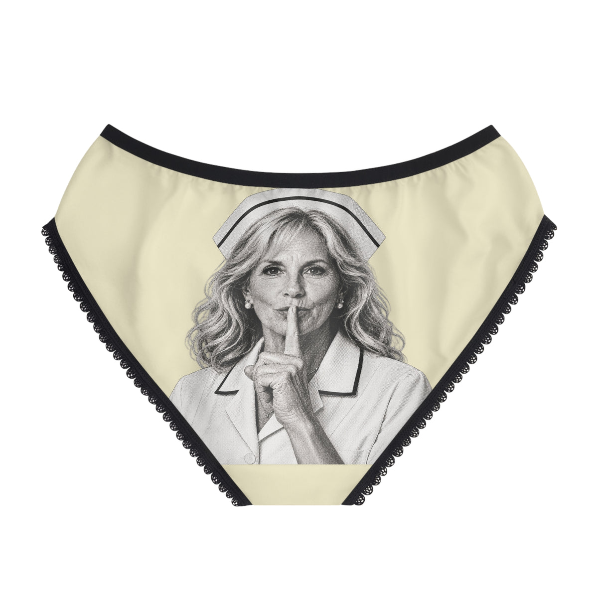 Back view of Jill Biden political panty featuring black and white shushing portrait artwork