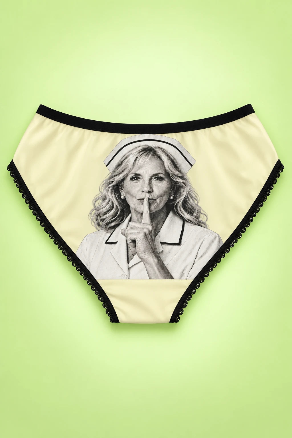 Jill Biden political satire panty back view with shushing portrait print on pastel lime green background