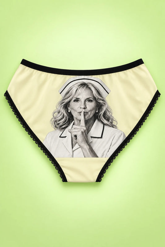 Jill Biden political satire panty back view with shushing portrait print on pastel lime green background