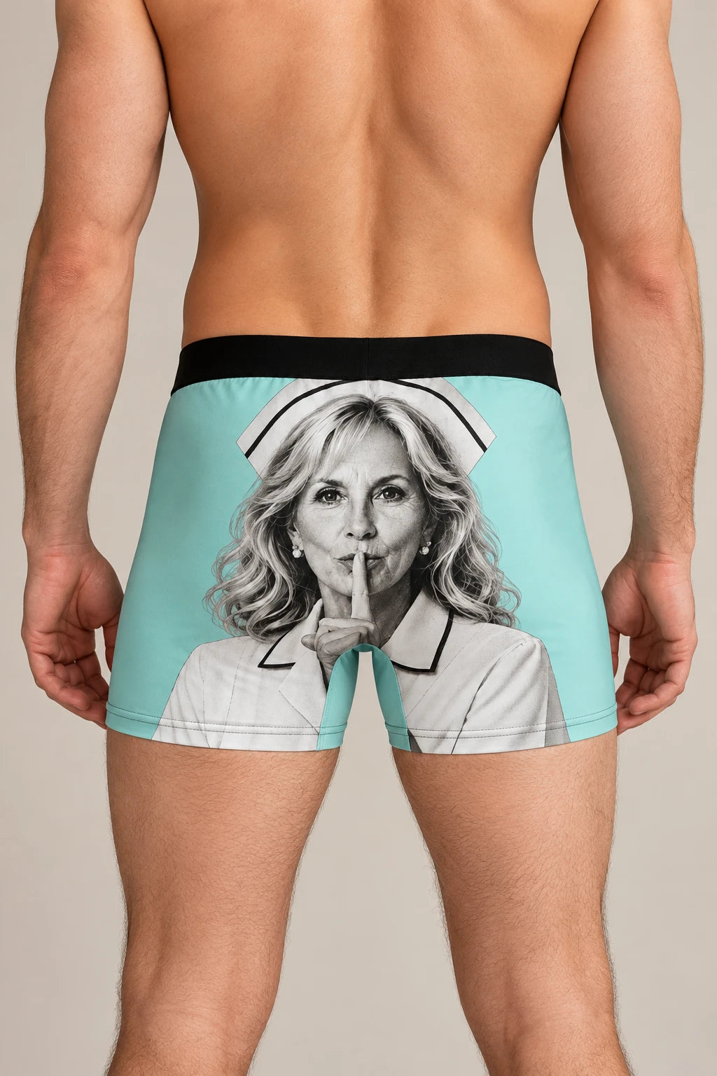 Full rear view of Jill Biden political underwear for men with aqua fabric, black waistband and shh portrait
