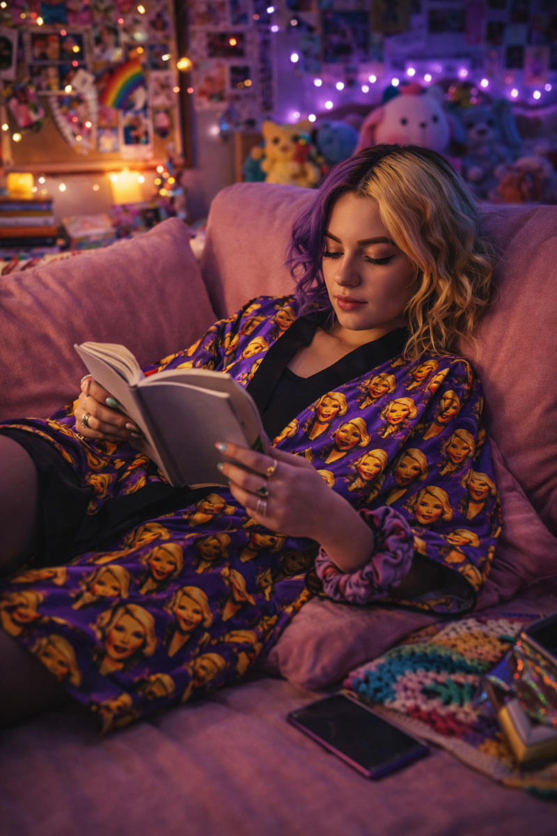Woman lounging on a couch wearing the Joan Rivers Forever long sleeve kimono robe with pop art portrait print and black trim while reading a book.