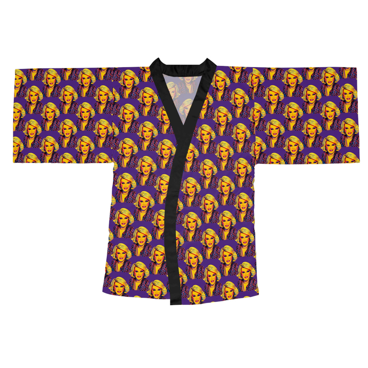 Joan Rivers Forever Pop Art Kimono Robe front view with purple and yellow portrait print