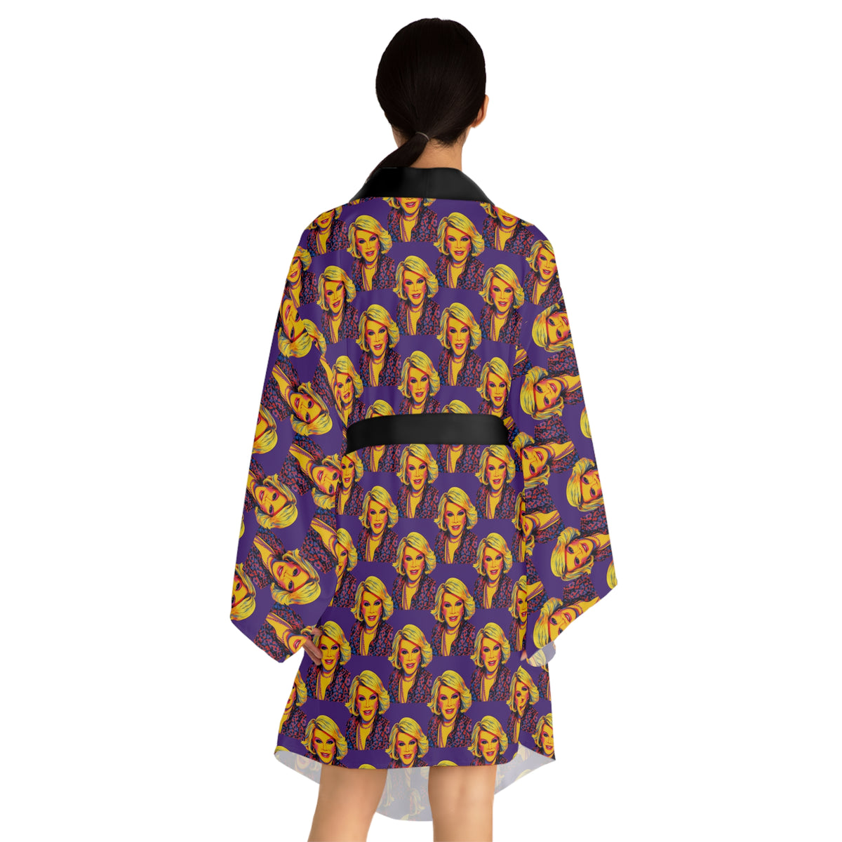 Back view of Joan Rivers Forever Pop Art Kimono Robe showing all-over portrait print and black trim.