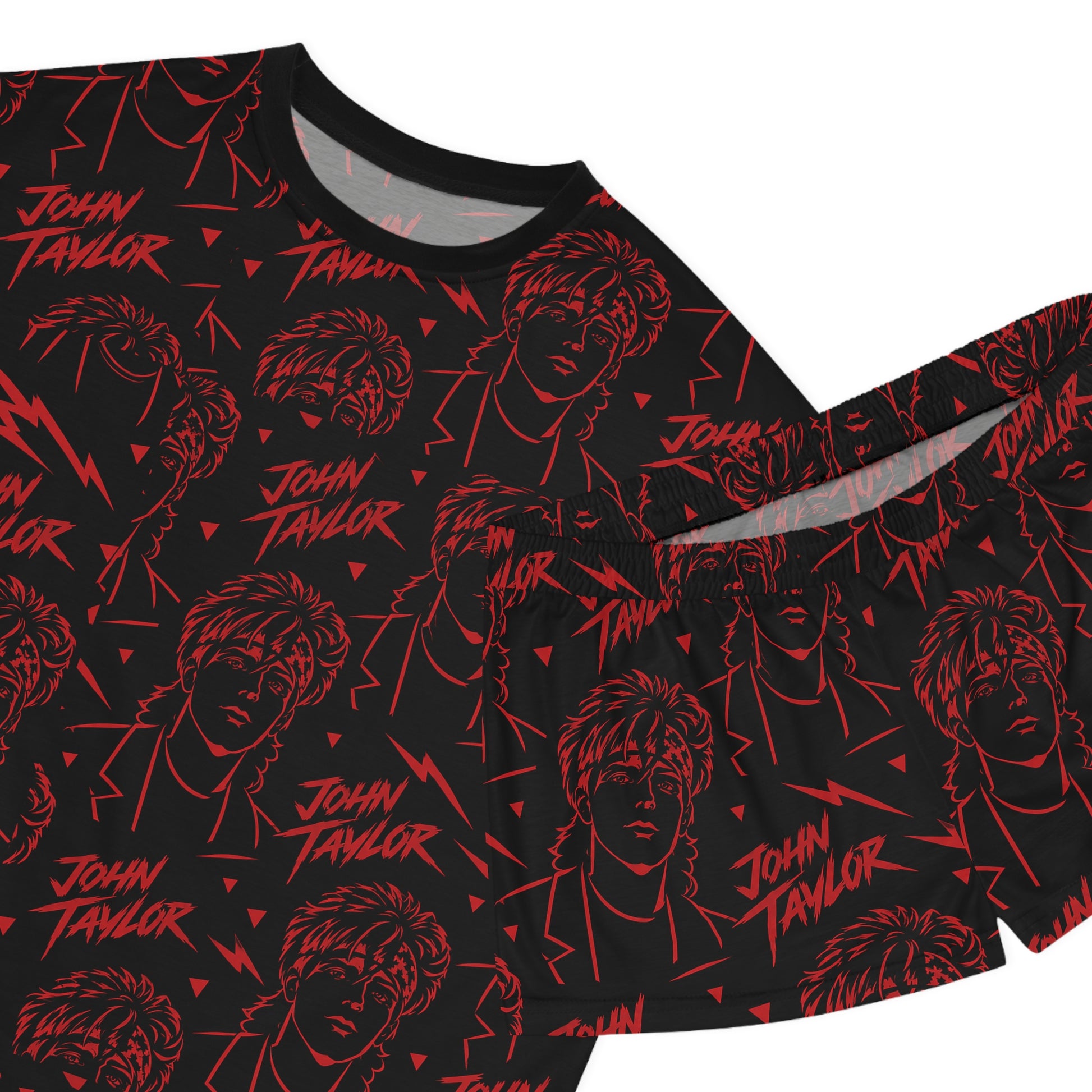 Close-up detail of John Taylor inspired retro 80s graphic print on women’s pajama set