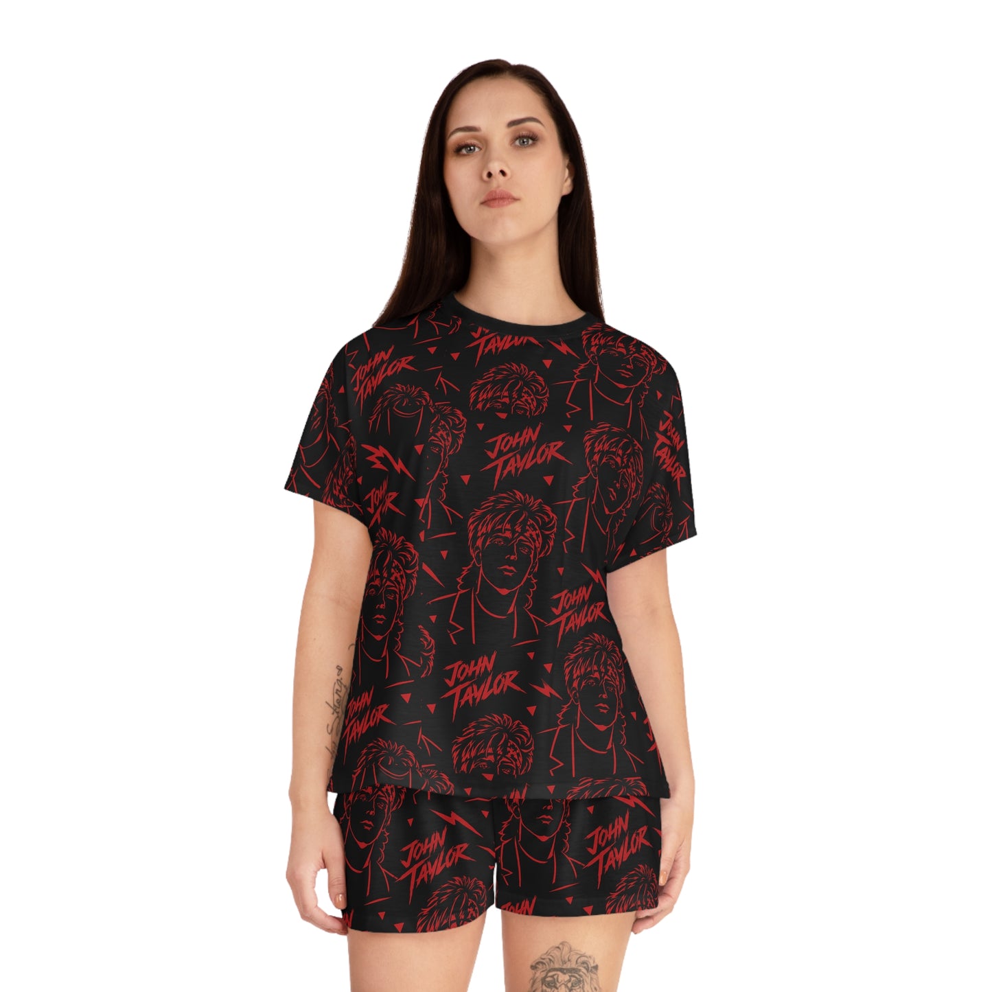 Female model wearing John Taylor retro 80s music inspired women’s pajama set and lounge shorts