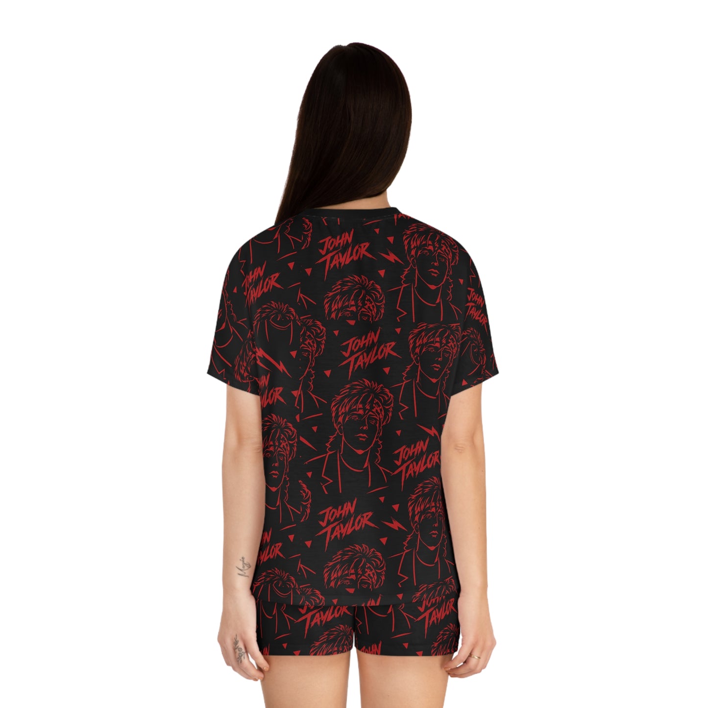 Back view of John Taylor women’s pajama set with retro 80s inspired music pattern print