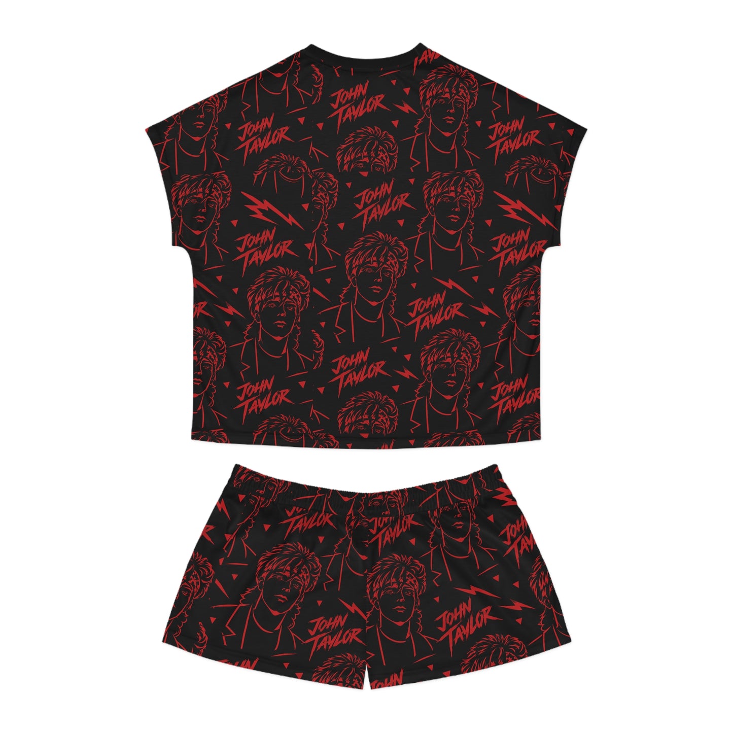 Flat lay of John Taylor women’s pajama set with retro new wave inspired all-over print design