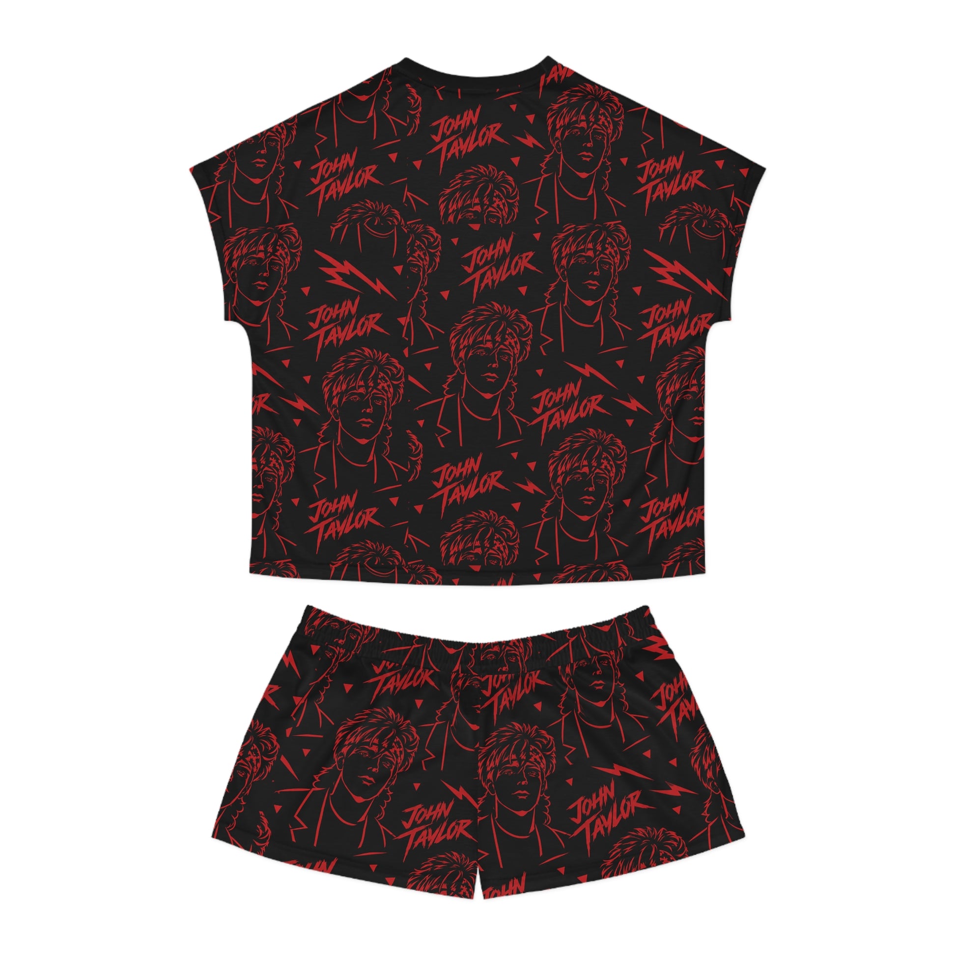 Flat lay of John Taylor women’s pajama set with retro new wave inspired all-over print design