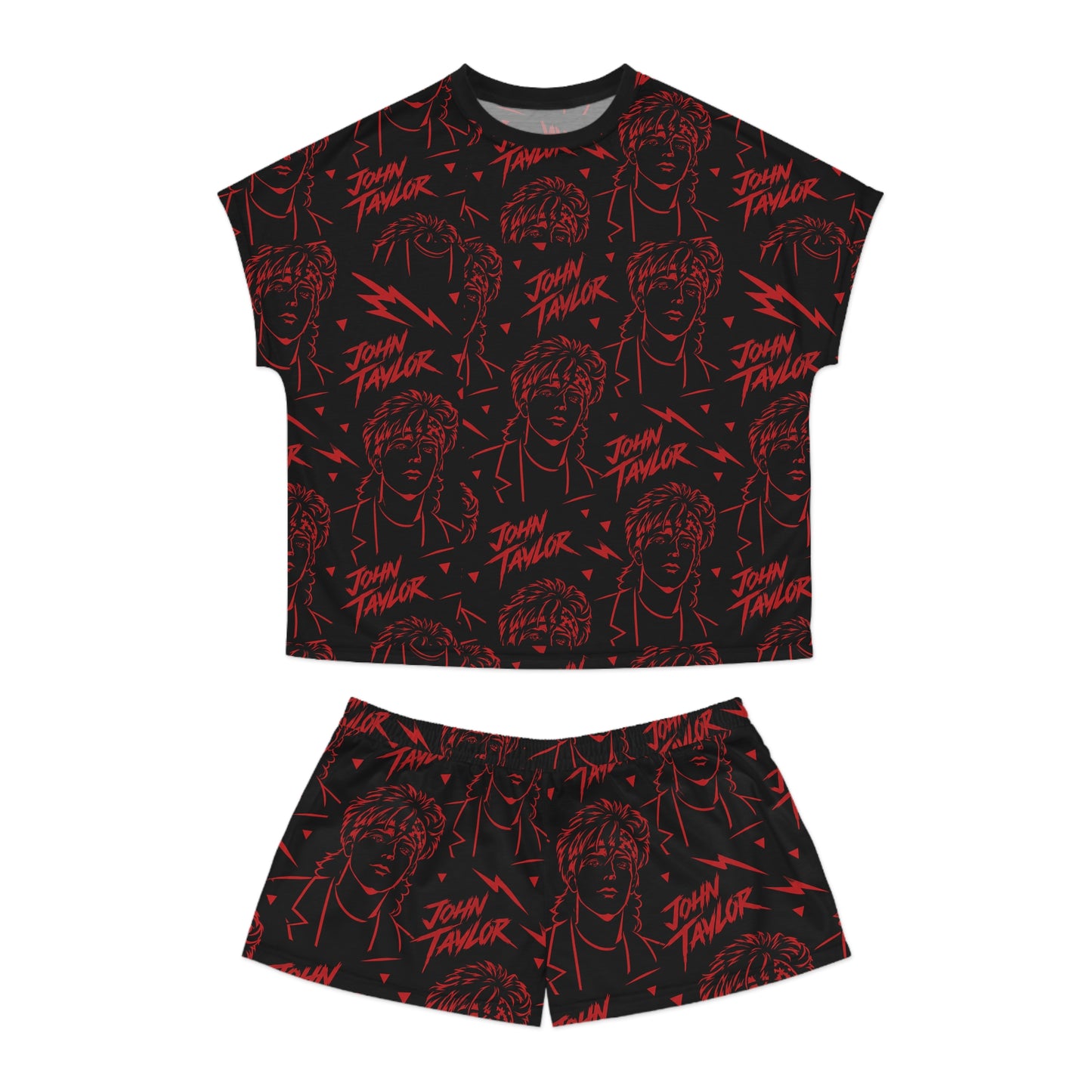John Taylor women’s pajama set featuring retro 80s music inspired all-over print loungewear for Duran Duran fans