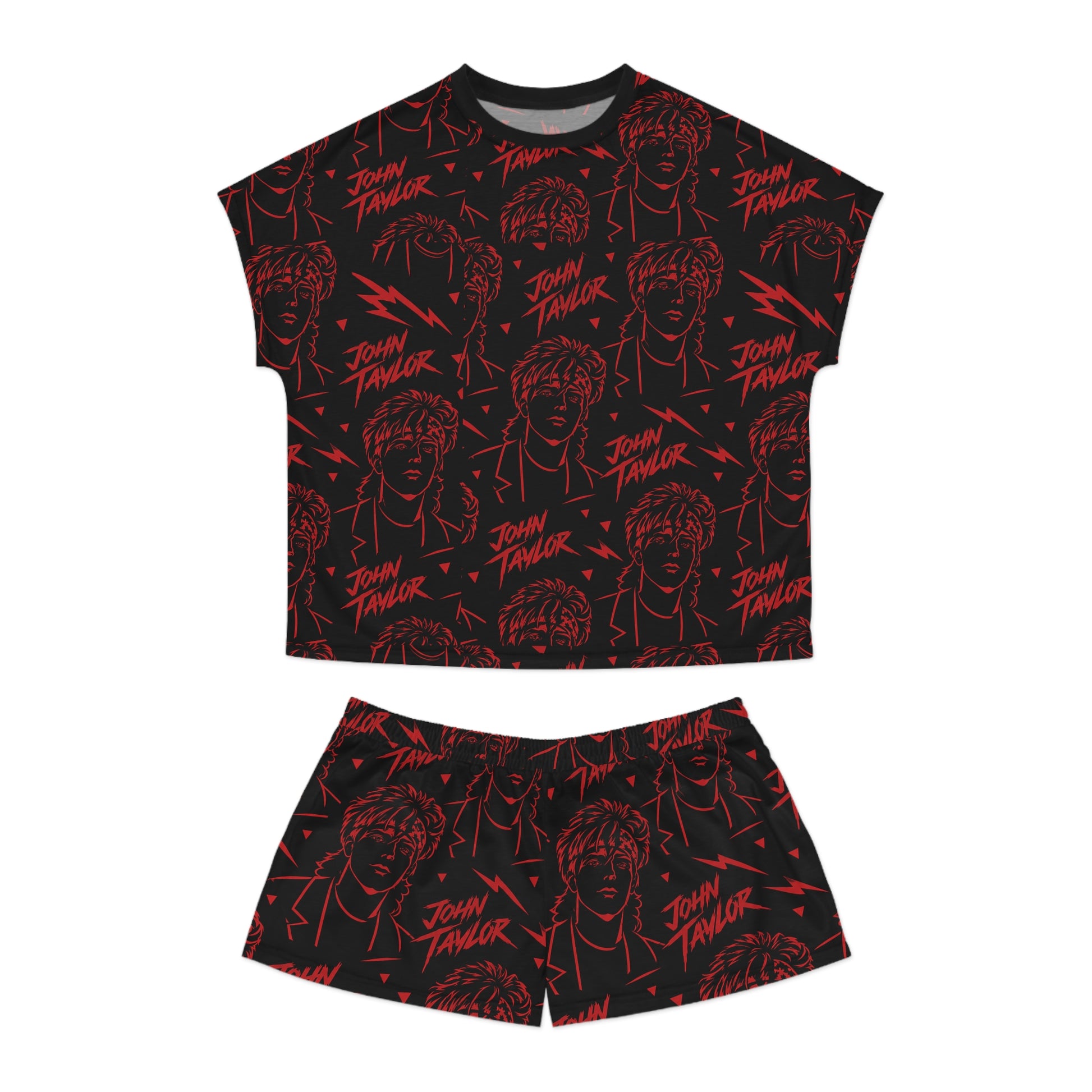 John Taylor women’s pajama set featuring retro 80s music inspired all-over print loungewear for Duran Duran fans