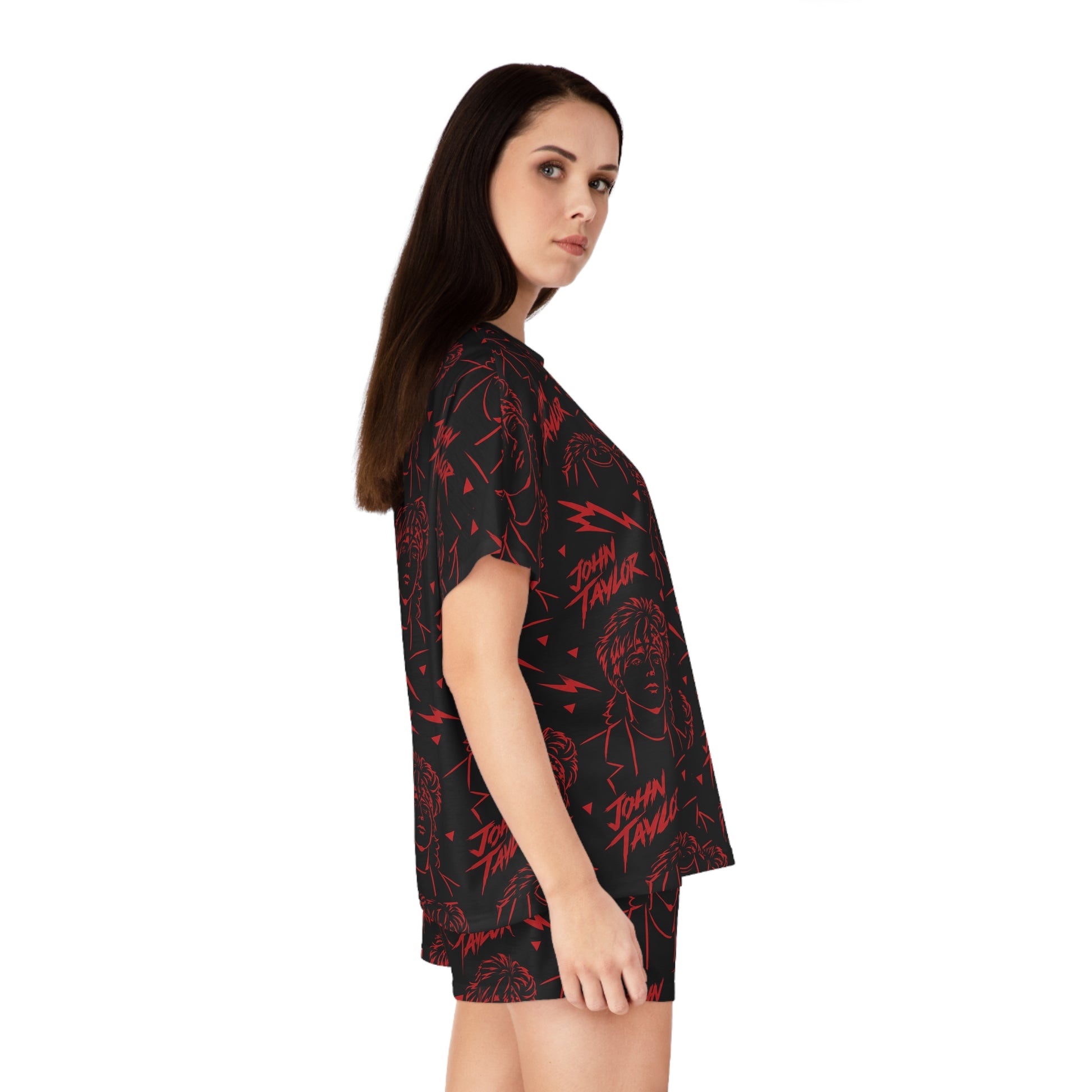Side view of women’s John Taylor pajama set featuring retro music inspired all-over print pattern