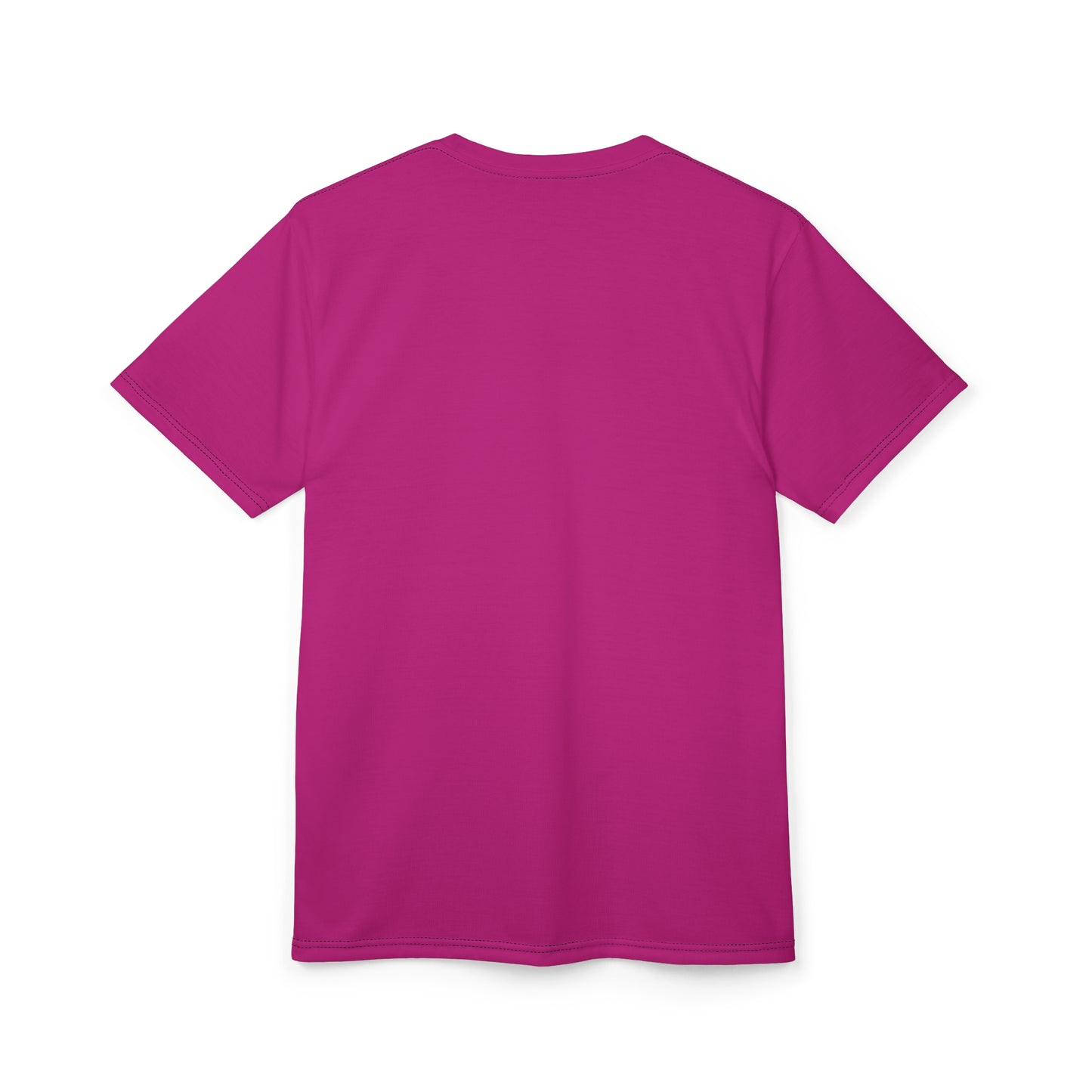 Back view of Julia and Marcus unisex graphic t-shirt in vibrant pink.