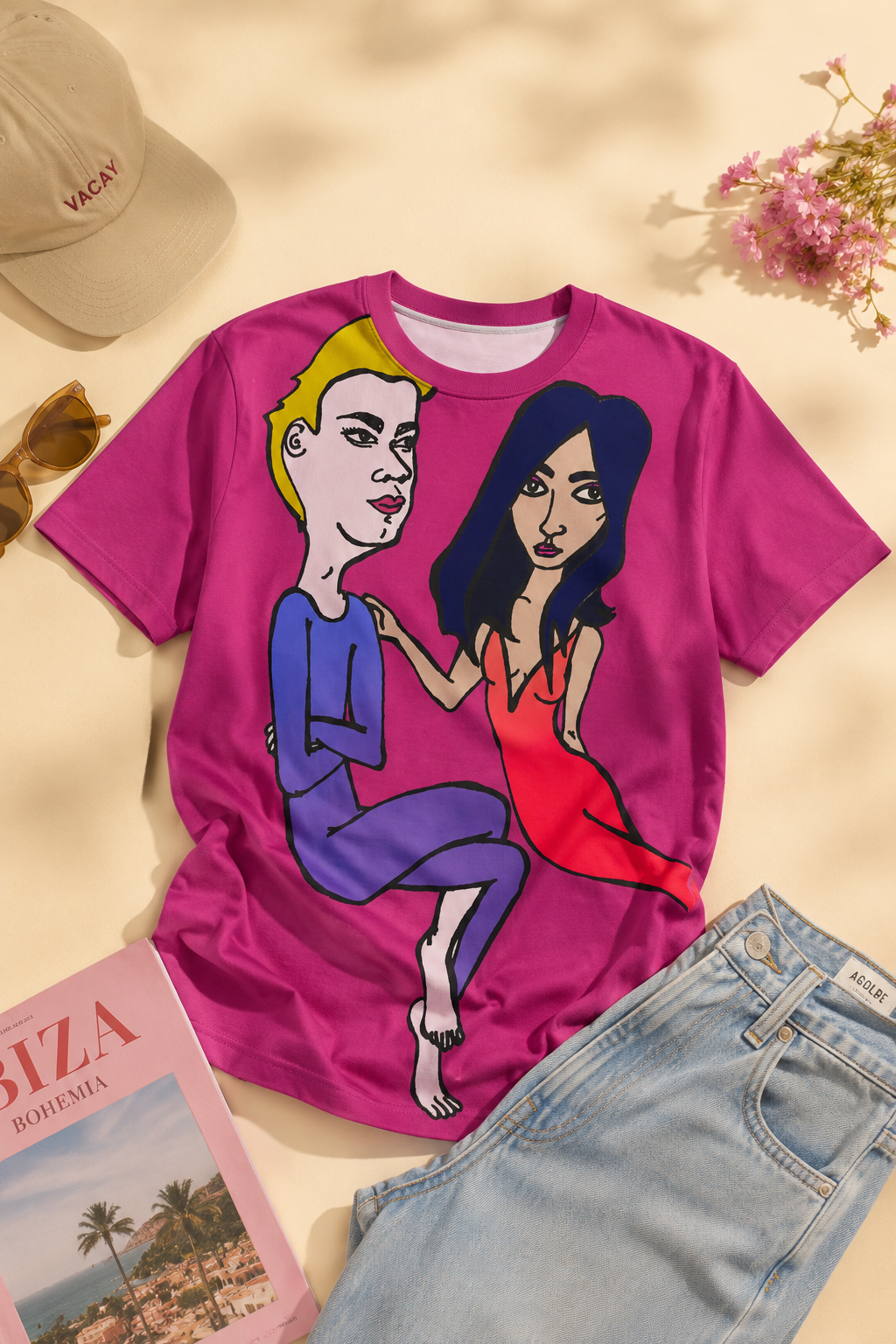 Julia and Marcus unisex graphic t-shirt flat lay with original illustrated artwork on a soft cream editorial background.