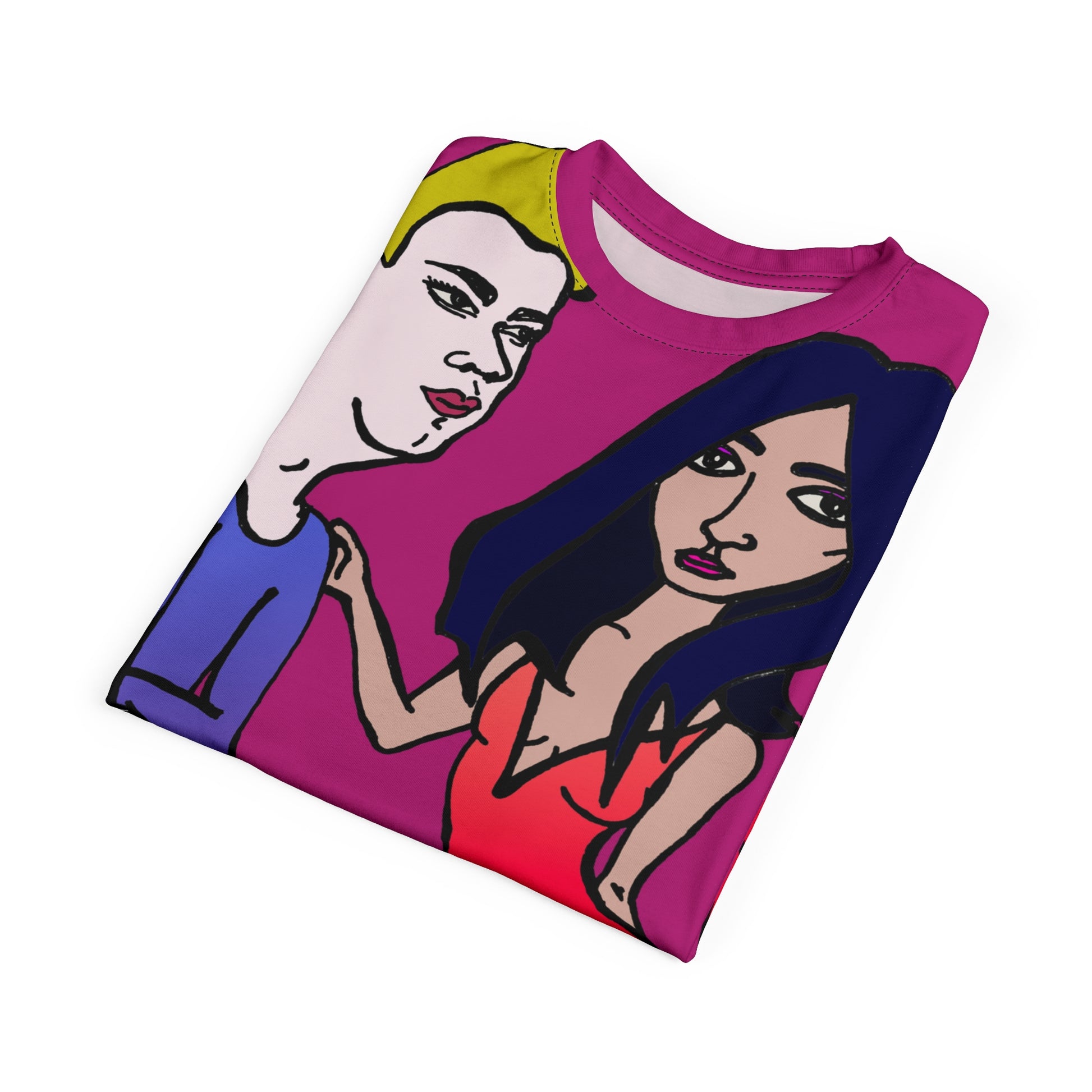 Folded Julia and Marcus graphic t-shirt showcasing original illustrated artwork and vibrant colors.