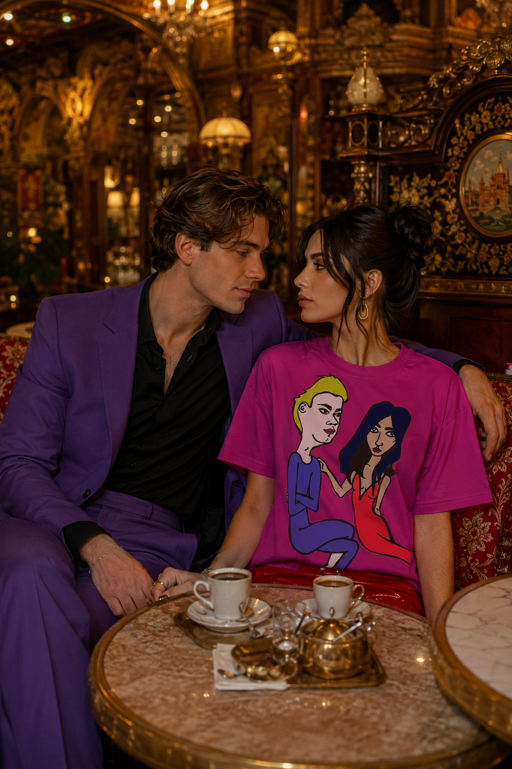 Man  and woman wearing Julia and Marcus graphic t-shirt in a stylish restaurant and nightlife editorial scene.